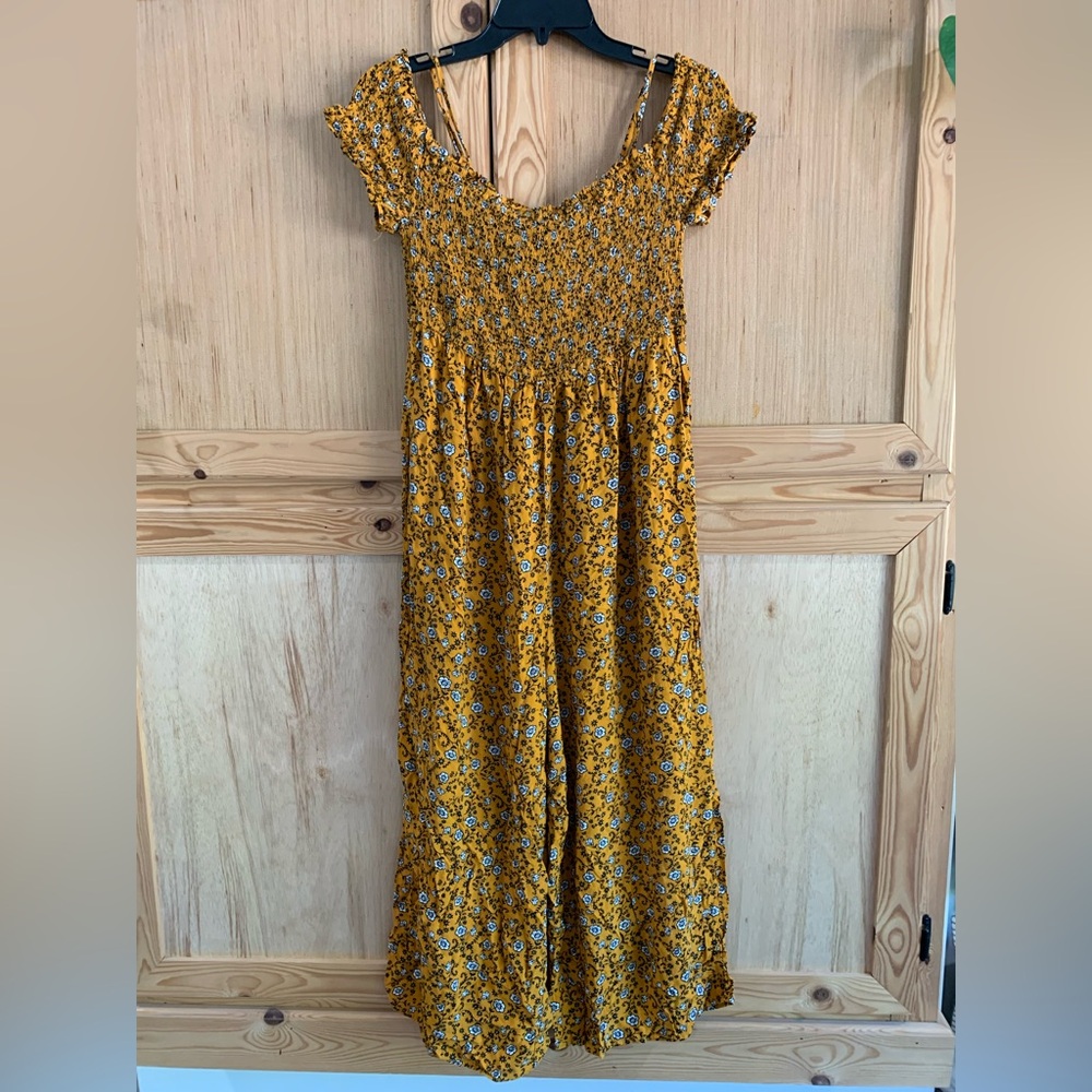 Magnolia Skye Mustard Floral Smocked Cropped Wide Leg Off Shoulder Pantsuit Sz L